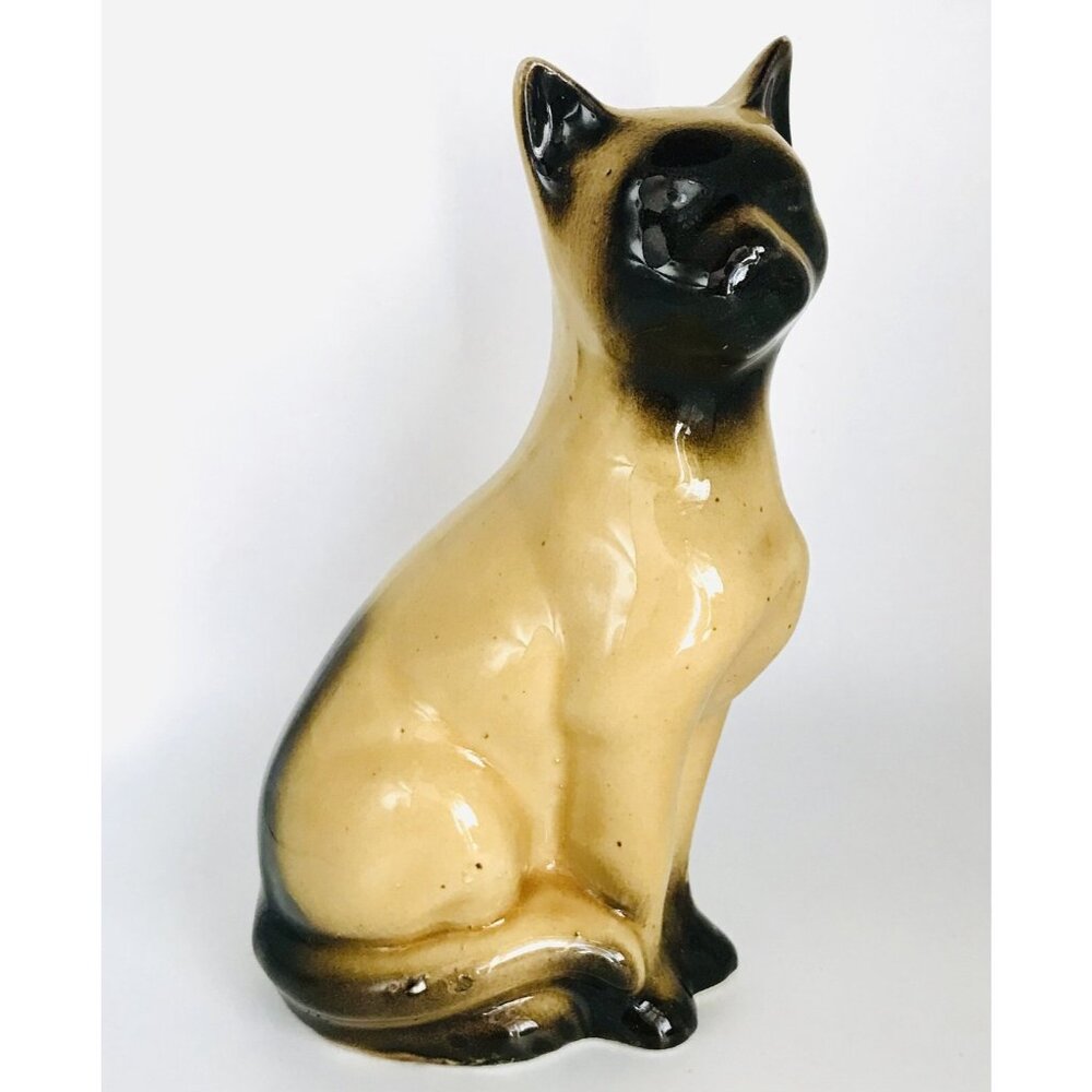 Vintage Siamese Cat Sculpture Ceramic Figure Sitting 7" Animal Figurine Pottery